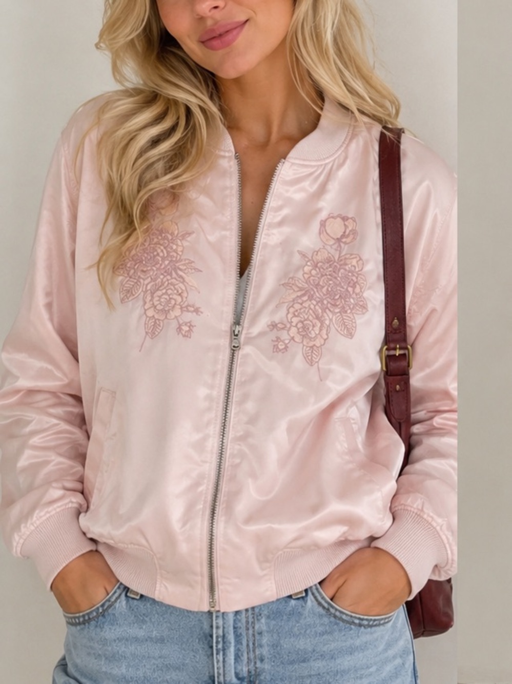 Boutique Pink shiny Bomber jacket Floral Size 1X plus Zip up Pockets New